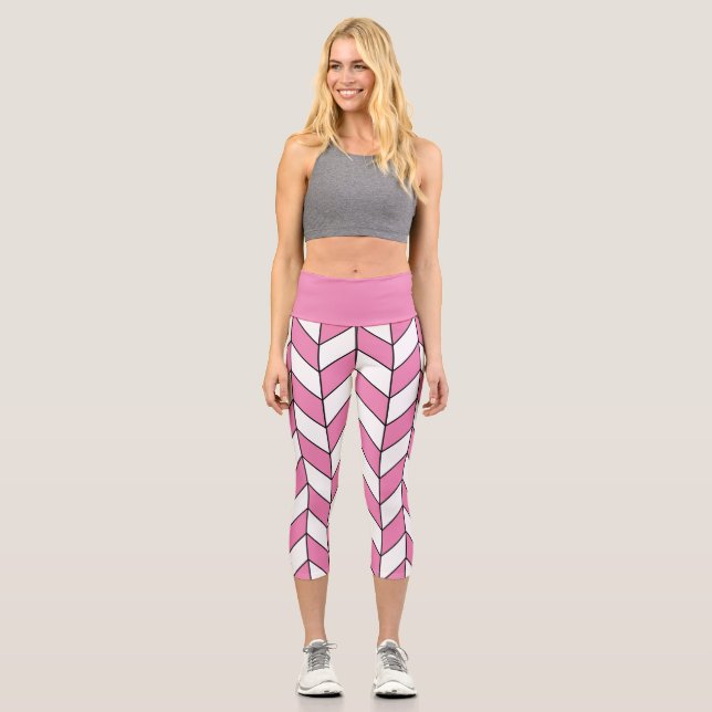Modern Pink White Herringbone Chevron Pattern Capri Leggings (Front)