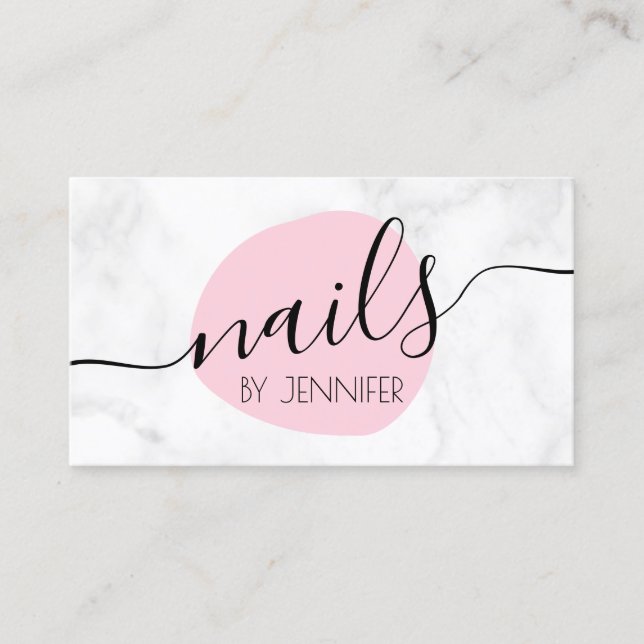 Modern pink & white marble nails business card (Front)