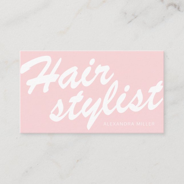 Modern pink white minimal bold script hairstylist business card (Front)