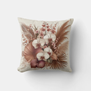 Modern pink white orchid flower & tropical leaves cushion