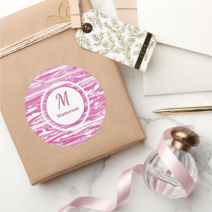 Modern Pink White Pattern Monogram Custom  Classic Round Sticker