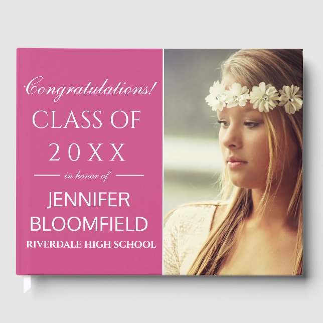 Modern Pink White Photo Graduation CLASS OF 2025 Guest Book (Front)