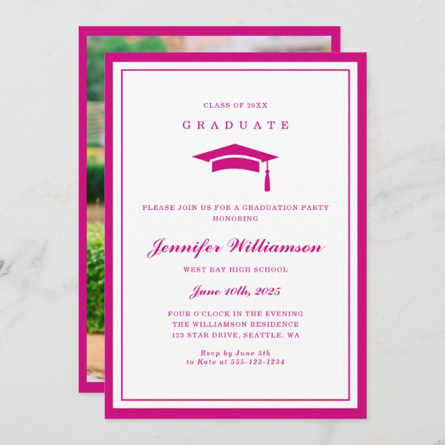 Modern Pink & White Script Graduation Photo Invitation (Front/Back)