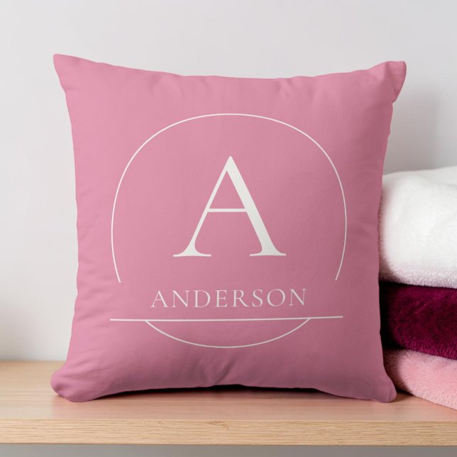 Modern Pink White Simple Family Name Monogram Cushion (Modern Fuchsia Pink Simple Family Name Monogram Throw Pillow)