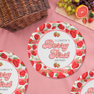 Modern Pink White Strawberry Birthday Berry First Paper Plate