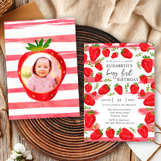 Modern Pink White Strawberry Custom Birthday Photo Invitation