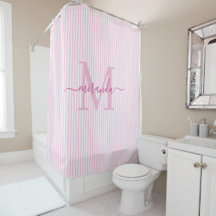 Modern Pink & White Stripes Monogram Name Shower Curtain