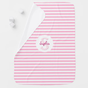Modern Pink White Stripes Monogram Warm Cosy Soft Baby Blanket