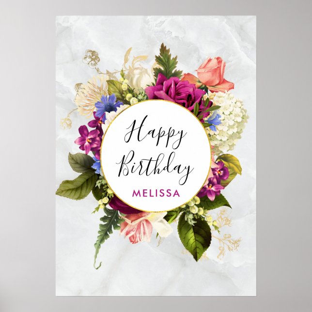 Modern Pink & White Watercolor Floral Birthday Poster (Front)