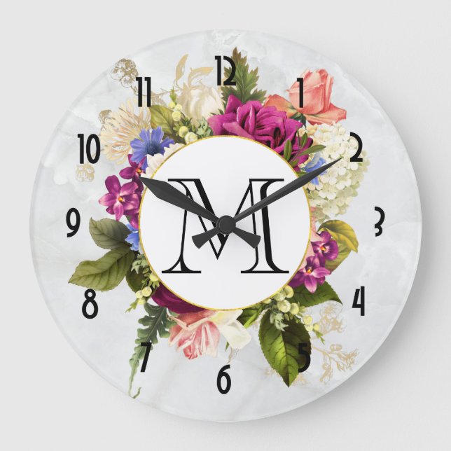 Modern Pink & White Watercolor Floral Bouquet Large Clock (Front)