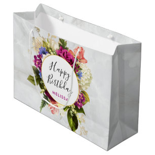 Modern Pink & White Watercolor Floral Bouquet Large Gift Bag