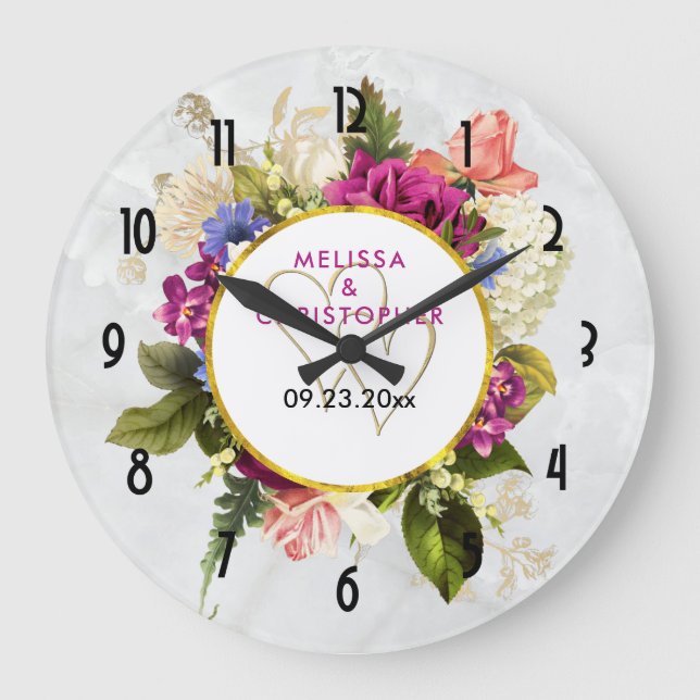 Modern Pink & White Watercolor Floral Wedding Large Clock (Front)