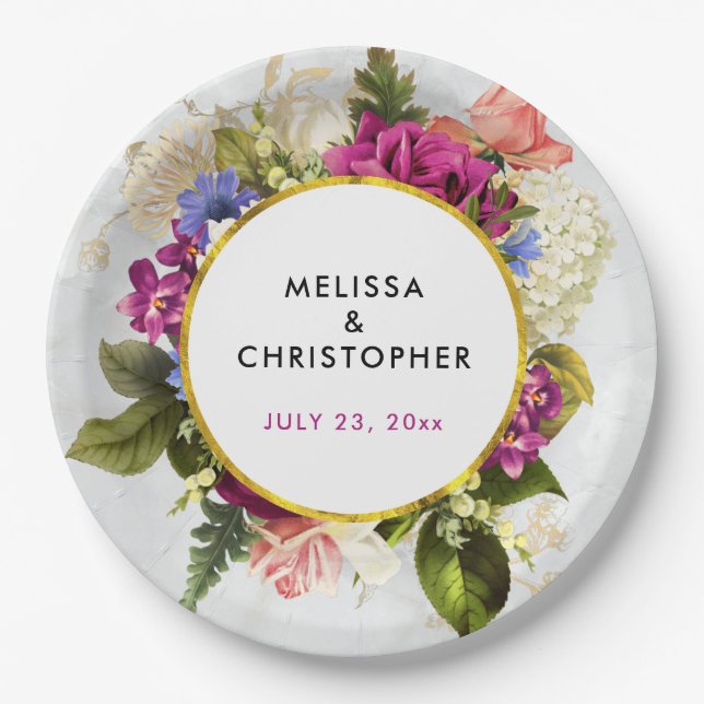 Modern Pink & White Watercolor Floral Wedding Paper Plate (Front)