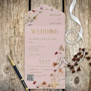 Modern Pink Wildflower Bouquet QR Code All In One Invitation