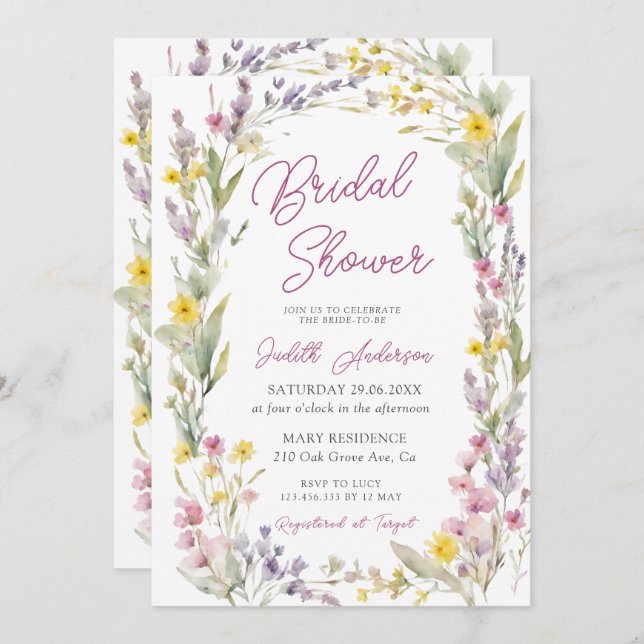 Modern Pink Wildflower Bridal Shower  Invitation (Front/Back)