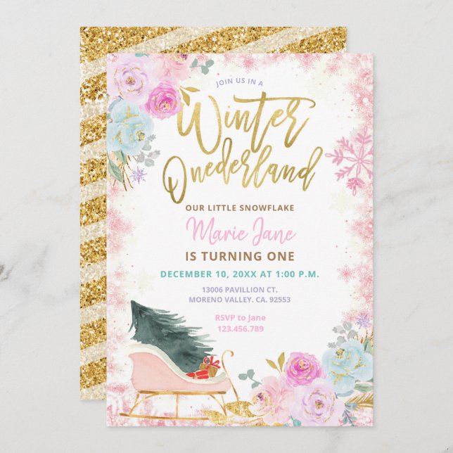 Modern Pink Winter Onederland Birthday Invitation (Front/Back)