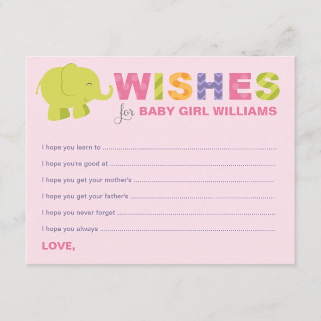 Modern Pink Wishes for Baby Girl Elephant Shower Advice Card (Front)