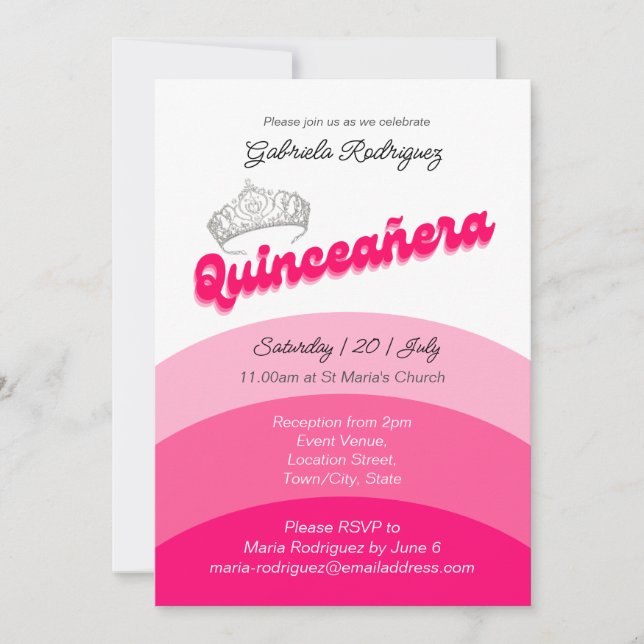 Modern Pink with Diamond Tiara Quinceanera Invitation (Front)
