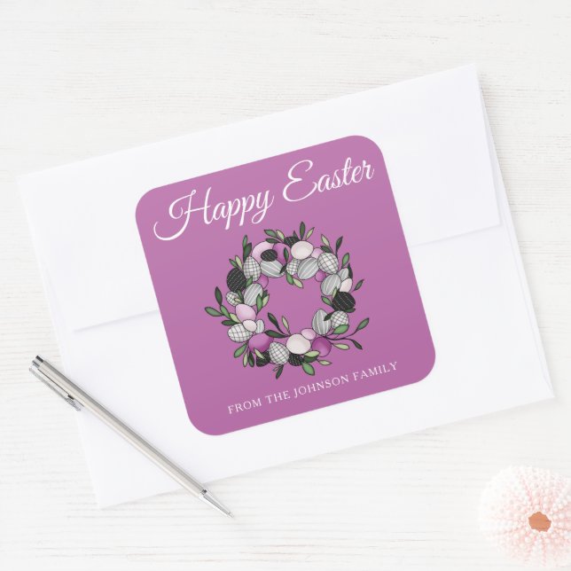 Modern Pink Wreath Happy Easter Square Sticker (Envelope)