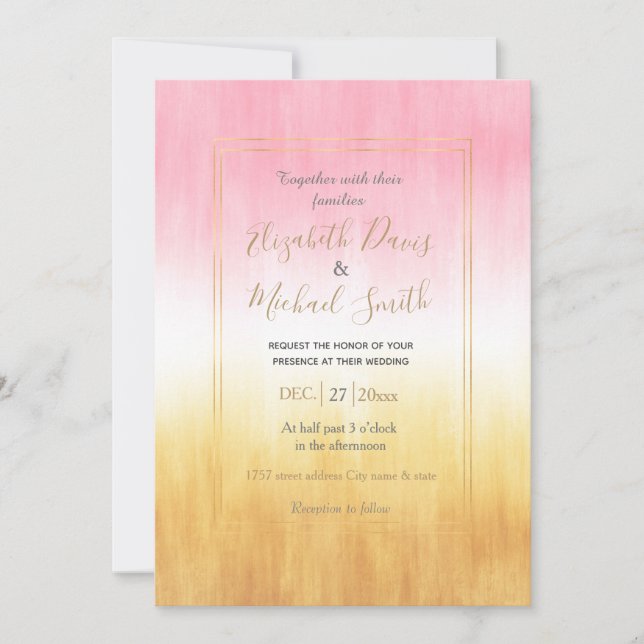 Modern Pink Yellow Brushstrokes Ombre Invitation (Front)