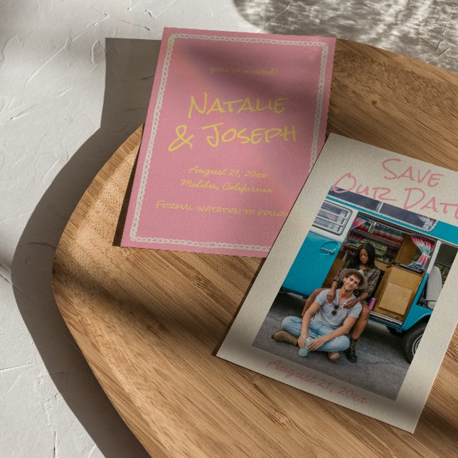 Modern Pink Yellow Colourful Pastel Photo Wedding Save The Date (Creator Uploaded)