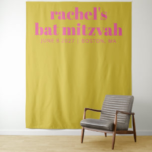 Modern Pink Yellow Cute Bat Mitzvah Photo Backdrop Tapestry