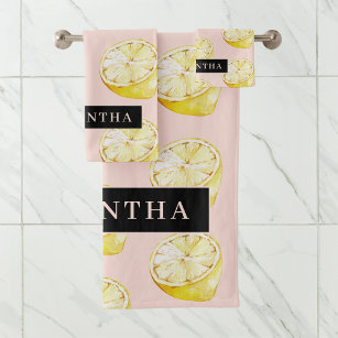 Modern Pink &  Yellow Lemons Pattern With Name Bath Towel Set