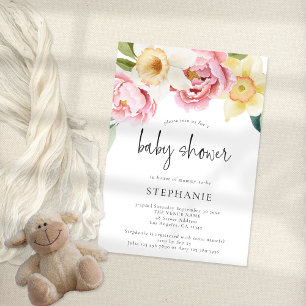 Modern Pink Yellow Peonies Floral Baby Shower Invitation