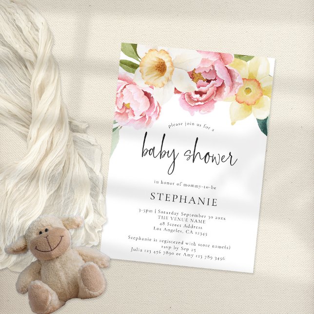 Modern Pink Yellow Peonies Floral Baby Shower Invitation (Creator Uploaded)