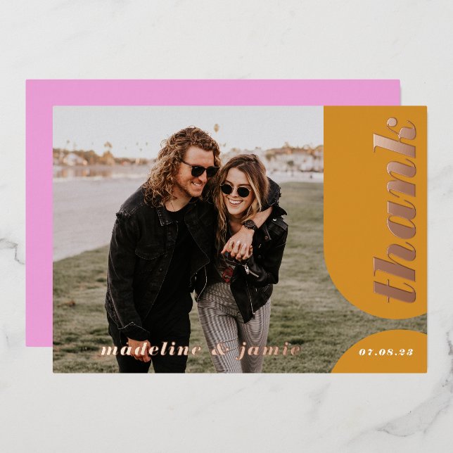 Modern Pink Yellow Retro Arch Wedding Thank You (Front/Back)