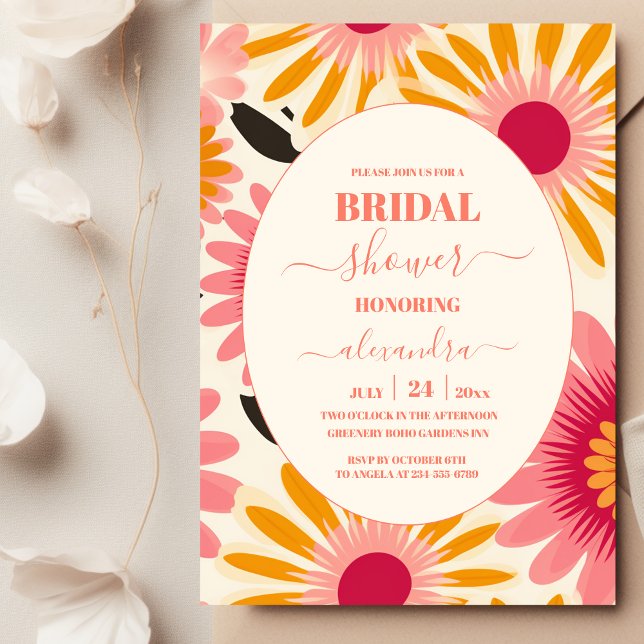 Modern Pink & Yellow Retro Floral Bridal Invitation (Creator Uploaded)