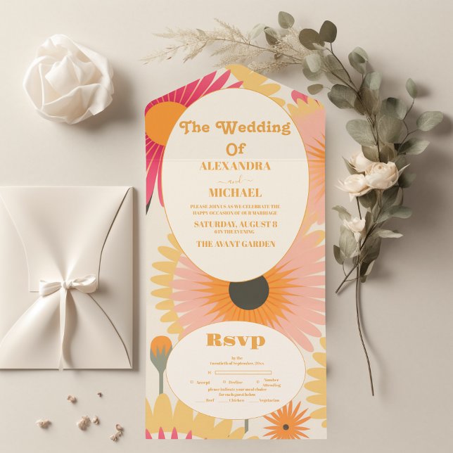 Modern Pink & Yellow Retro Floral Wedding All In One Invitation (Creator Uploaded)
