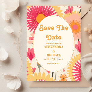 Modern Pink & Yellow Retro Floral Wedding Save The Date