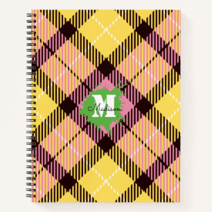 Modern Pink Yellow Tartan Custom Monogram Script Notebook