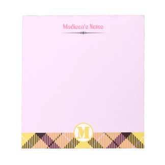 Modern Pink Yellow Tartan Monogram Script Name Notepad