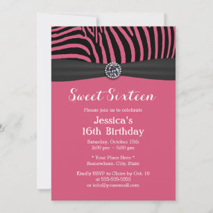 Modern Pink Zebra Stripes Black Ribbon Sweet 16 Invitation