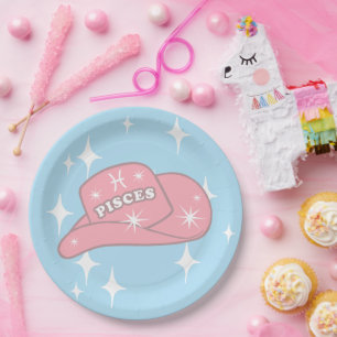 Modern Pisces Zodiac Cowgirl Hat Blue Party   Paper Plate