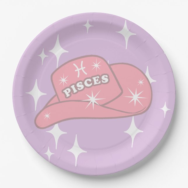Modern Pisces Zodiac Cowgirl Hat Lilac Party  Paper Plate (Front)