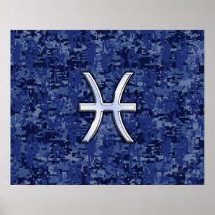 Modern Pisces Zodiac Sign Navy Blue Digital Camo