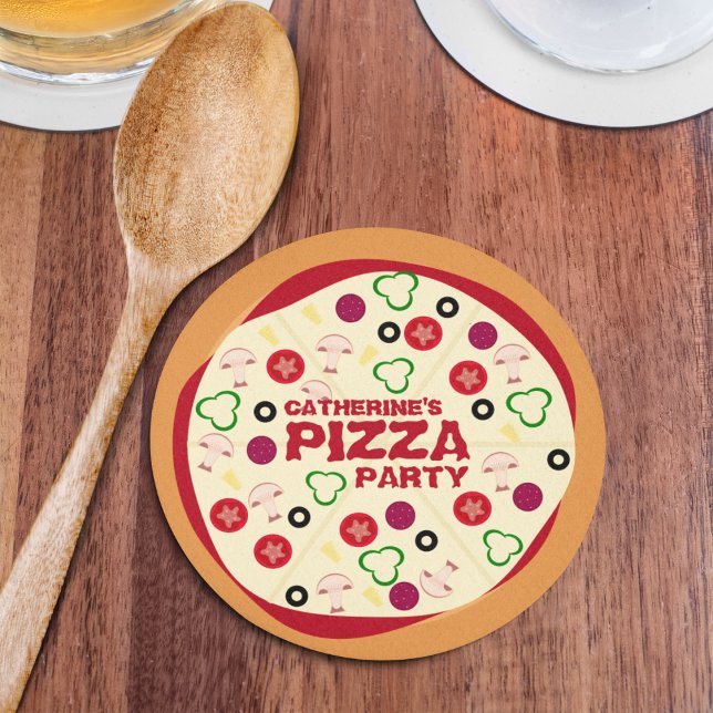 Modern Pizza Party Kids Birthday  Round Paper Coaster (Creator Uploaded)