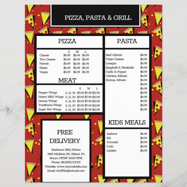 Modern Pizza Pasta Grill Restaurant Spaghetti Menu (Front)