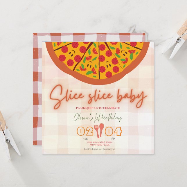 Modern pizza theme photo first birthday invitation (Front/Back In Situ)