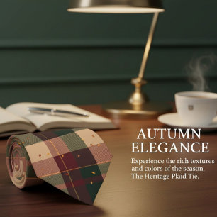 Modern Plaid Autumn Design with Falling Leaves Tie