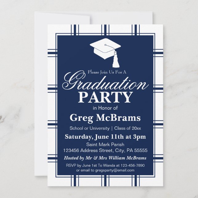 Modern Plaid Blue Plaid Graduation Party Invitation (Front)