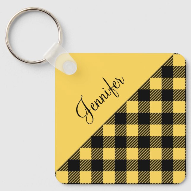 Modern Plaid Check Name Key Ring (Front)