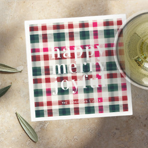 Modern Plaid Christmas   Happy Merry Joyful Napkin