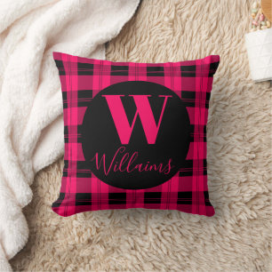Modern Plaid Family Name Hot Pink Black Cushion