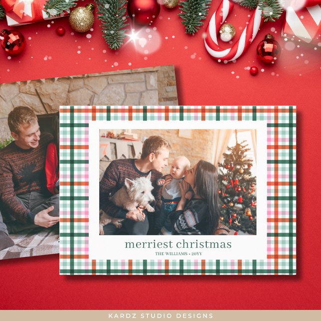 Modern Plaid Family Photo Christmas Card (Front and back of photo card is shown in 5 x 7 inches. Personalize and choose corner and paper.)