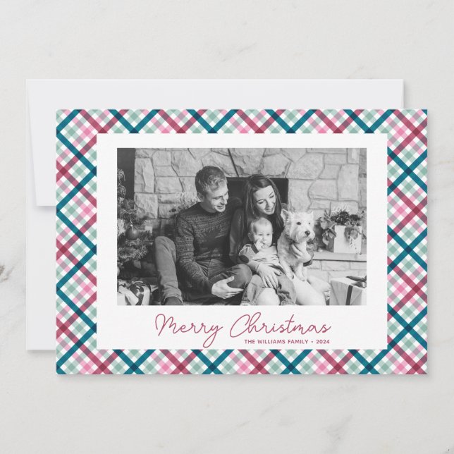 Modern Plaid Family Photo Merry Christmas  Holiday Card (Front)
