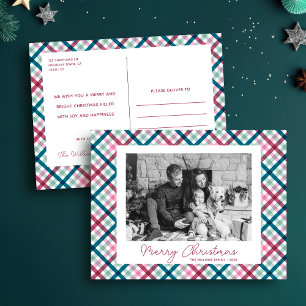 Modern Plaid Family Photo Merry Christmas Holiday Postcard